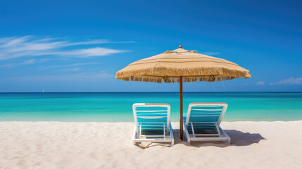 Wall Mural - Sun loungers and a beach umbrella on a tropical beach with white sand and azure sea on a sunny day