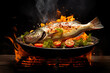 Barbecue grill with raw fish in flame. cooking concept