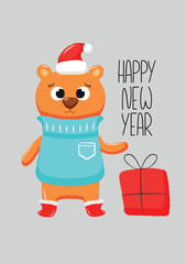 Wall Mural - Happy New year card with cute bear character in red hat and boots. Vector