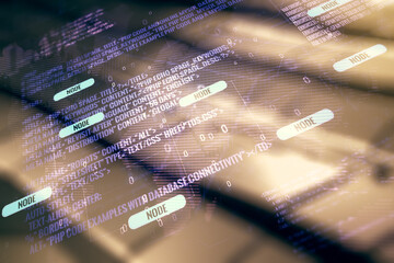 Aufkleber - Multi exposure of abstract programming language hologram and world map on shiny metal background, artificial intelligence and neural networks concept
