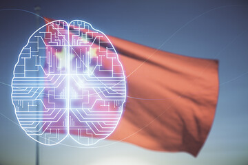 Aufkleber - Double exposure of creative artificial Intelligence interface on Chinese flag and blue sky background. Neural networks and machine learning concept