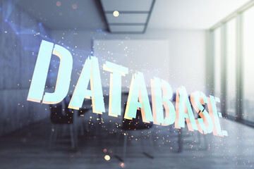 Poster - Double exposure of creative Database word hologram on a modern meeting room background, research and development concept