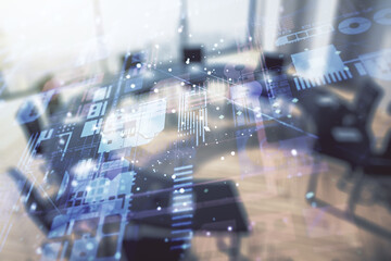 Poster - Multi exposure of abstract graphic coding sketch on a modern furnished classroom background, big data and networking concept