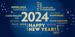 Happy New Year 2024 good luck and best wishes - golden Text on blue background
