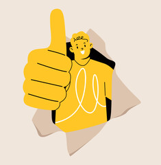 Man thumb up coming out from torn paper. Colorful vector illustration