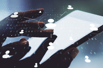 Poster - Double exposure of social network icons concept and hand working with a digital tablet on background. Networking concept