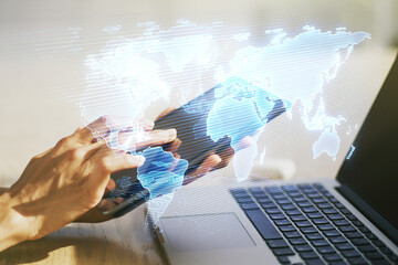 Poster - Double exposure of abstract digital world map and finger clicks on a digital tablet on background, research and strategy concept