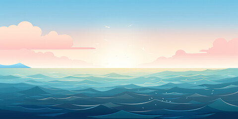 Wall Mural - Cartoon anime style ocean sea graphic resource illustration calm waters blue skies background, generated ai