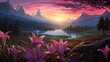 Beautiful scene of nature, Paintings of sunsets over mountain lakes, rivers, blooming orchids, and tranquil meadows
