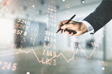 Poster - Man hand with pen working with abstract virtual analytics data spreadsheet on blurred office background, analytics and analysis concept. Multiexposure