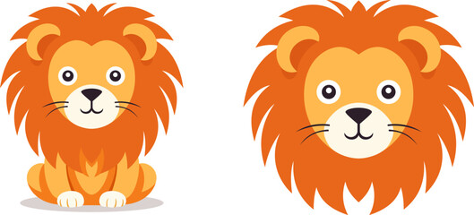 Adorable baby lion cute cartoon character with mane portrait icon set vector flat illustration