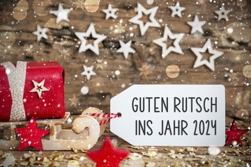 Wall Mural - Text Guten Rutsch 2024, Means Happy 2024, Label With Sled, Christmas