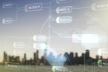 Poster - Double exposure of abstract programming language hologram and world map on blurry cityscape background, research and development concept