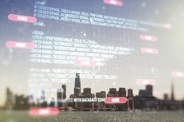 Poster - Double exposure of abstract creative programming illustration on San Francisco office buildings background, big data and blockchain concept