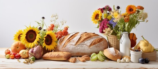 Poster - In the summer, a beautiful arrangement of vibrant flowers and fresh produce from the farm, including healthy vegetables and wheat plants, sat isolated on a white background in the kitchen, creating a