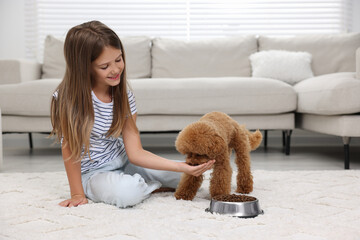 Canvas Print - Little child feeding cute puppy on carpet at home. Lovely pet