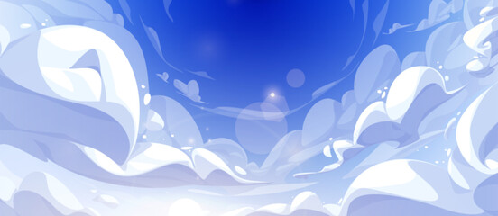 Wall Mural - blue sky with fluffy curve shaped clouds in anime style. cartoon vector illustration of sunny summer
