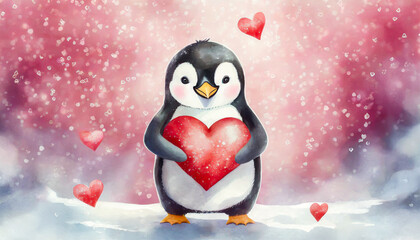 Cute penguin holding a red heart with snow falling Valentine love watercolor effect illustration