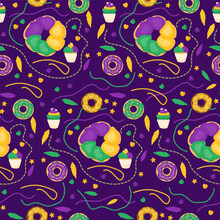 Mardi Gras Carnival Sweets Seamless Pattern. Festive King Cake, Colorful Donuts And Cupcake On Purple Background With Beads, Necklaces And Feathers. Vector Illustration In Cartoon Style.