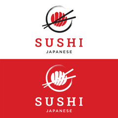 Japanese food sushi logo design with crossed chopsticks. Logo for restaurant, business, bar.