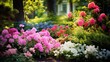 background of a summer garden, amidst the green leaves and colorful blooms, the beauty of nature is showcased through a vibrant floral bed filled with pink and various colors, creating a picturesque