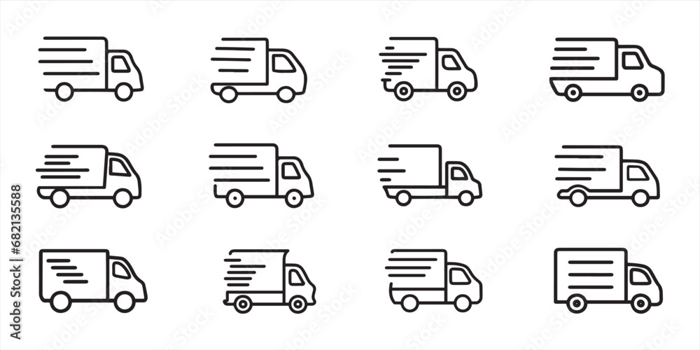 Fast moving shipping delivery truck icon set. Express delivery trucks ...