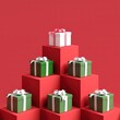 Close up Outstanding White gift box standing one put on Red color stage mock up. Christmas idea concept Celebration. 3D Rendering.
