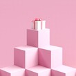 Close up Outstanding White gift box standing one put on Pink color stage mock up. Christmas idea concept Celebration. 3D Rendering.
