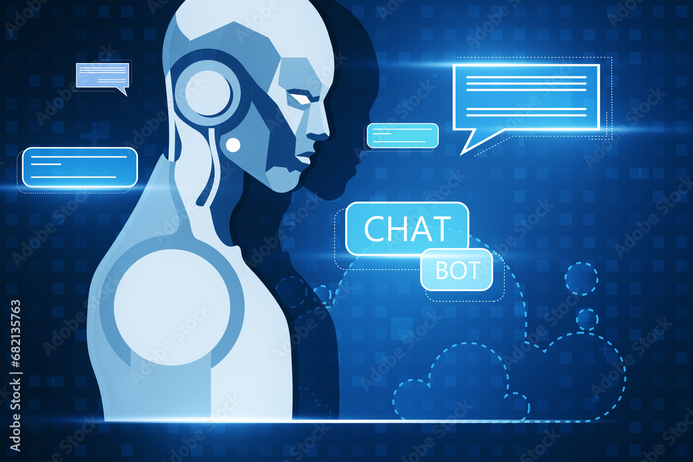 Creative glowing robot and chat ai hologram on dark blue pixels ...