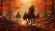 Horses dash through a field of fallen leaves, creating a vibrant, autumnal spectacle.