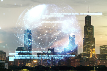 Aufkleber - Multi exposure of abstract creative coding sketch and world map on Chicago city skyline background, artificial intelligence and neural networks concept
