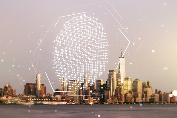 Aufkleber - Multi exposure of virtual graphic fingerprint sketch on Manhattan cityscape background, fingerprint scan data concept