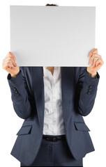 Canvas Print - Digital png photo of caucasian businesswoman holding white card on transparent background