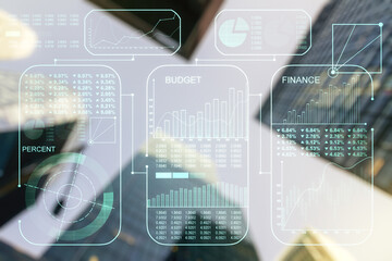 Aufkleber - Double exposure of abstract virtual statistics data hologram on modern skyscrapers background, statistics and analytics concept