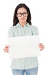 © vectorfusionart - Digital png photo of serious caucasian woman with glasses, holding card on transparent background