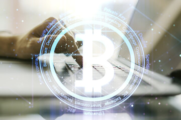 Poster - Creative Bitcoin concept with hands typing on laptop on background. Multiexposure