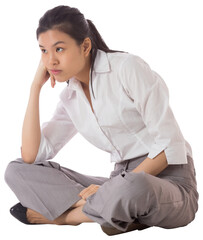 Poster - Digital png photo of pensive elegant biracial woman sitting and thinking on transparent background