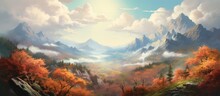 As The Traveler Gazed At The Breathtaking Landscape, The Sky Above Filled With Billowing Clouds, Casting Ethereal Light On The Vibrant Green And Orange Leaves Of The Trees That Adorned The Forest
