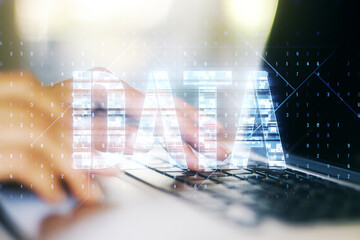 Poster - Creative Data word hologram and hands typing on computer keyboard on background, big data and blockchain concept. Multiexposure