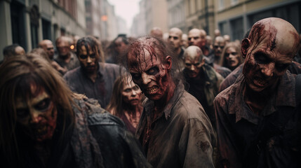 Fototapeta bloodthirsty evil zombie attack on city street. generative ai