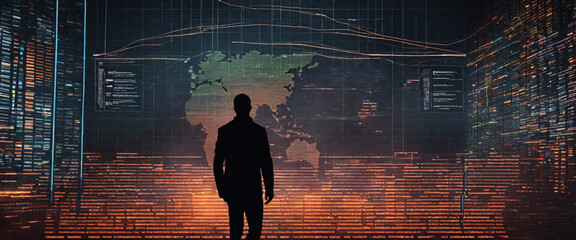 A silhouette of a person standing in front of a giant digital screen with a flow of data showing various cyber threats and vulnerabilities