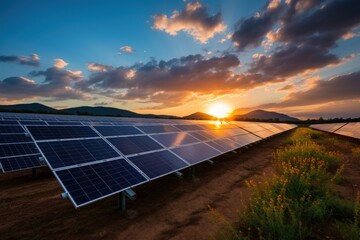 Solar panels in field with clouds and sunset background.