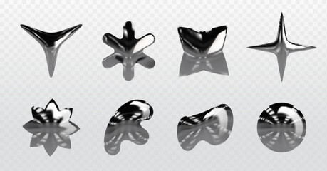 Poster - Y2k chrome elements set isolated on transparent background. Vector realistic illustration of liquid metal star, flower, cross, round icons, abstract glossy bubbles with shiny surface, mercury spill
