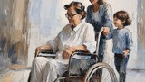 Fototapeta  - 車椅子に乗ってる人を手助けする医療現場の人　イラスト