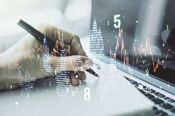 Poster - Abstract creative financial graph with hand writing in diary on background, financial and trading concept. Multiexposure