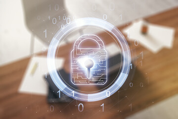Poster - Creative idea concept with lock symbol and microcircuit illustration and modern desktop with computer on background. Protection and firewall concept. Multiexposure