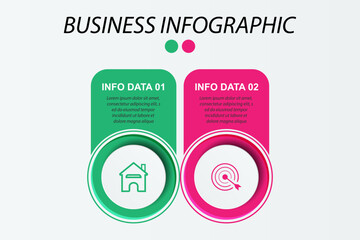 Simple infographic 2 parts or options, simple design with circles and square solid lines with colorful colors, icons, text and numbers, for presentations, flow diagrams and your business