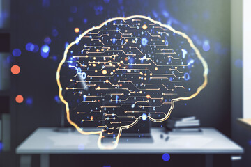 Poster - Creative artificial Intelligence concept with human brain sketch and modern desktop with pc on background. Double exposure