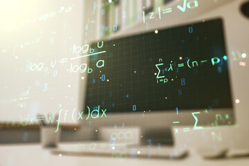 Poster - Double exposure of creative scientific formula concept and modern desktop with laptop on background, research and development concept