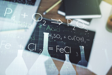 Poster - Creative chemistry concept and modern digital tablet on background, top view. Multiexposure